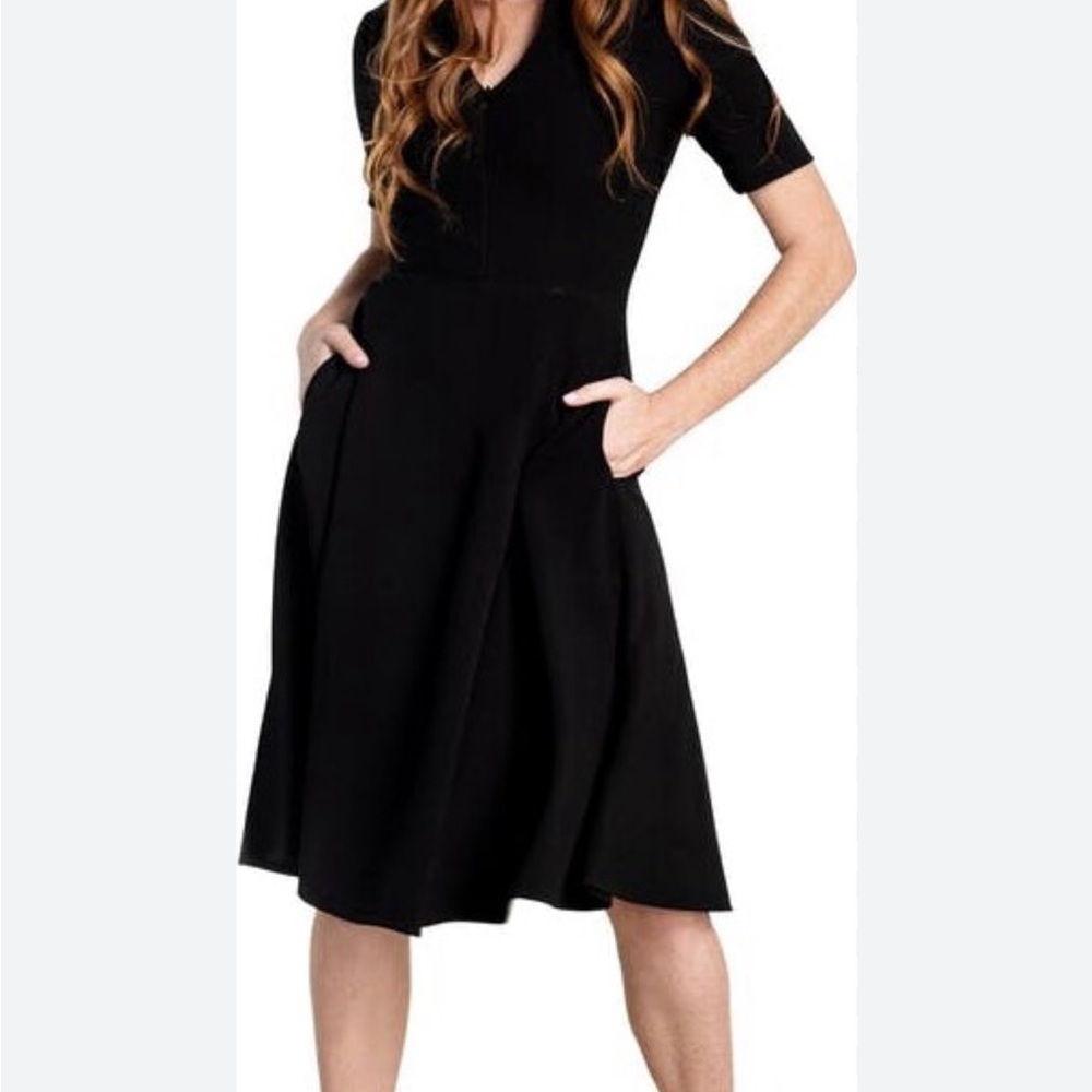 Dress the Population Mallory Black A-Line Collared Adjustable V-Neck Midi